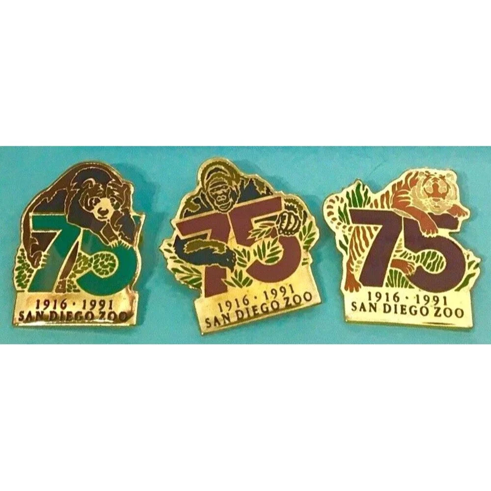SAN DIEGO ZOO 1916-1991 -75th Anniversary 3 Pins-Tiger,Bear,& Gorilla